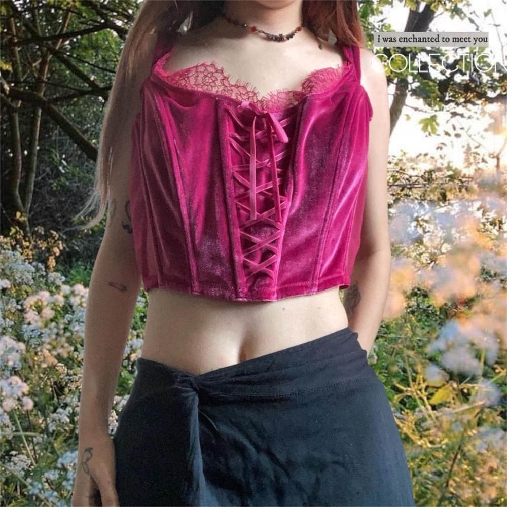 Fairycore Victorias Secret Unlined Mesh and Velvet Corset Top in Claret Red